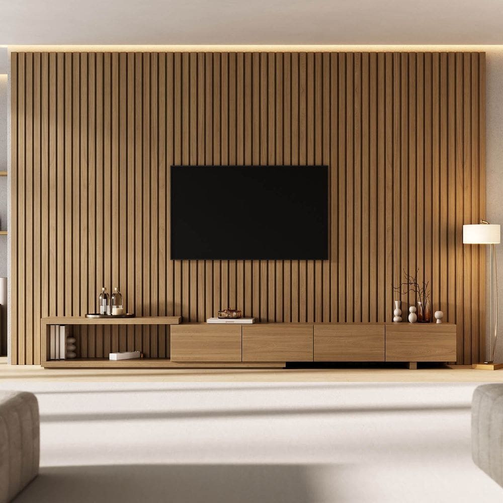 Rack com Painel Ripado para Tv 86 Polegadas 360x250cm Aruá Cabecasa Madeiraoriginals Jatoba