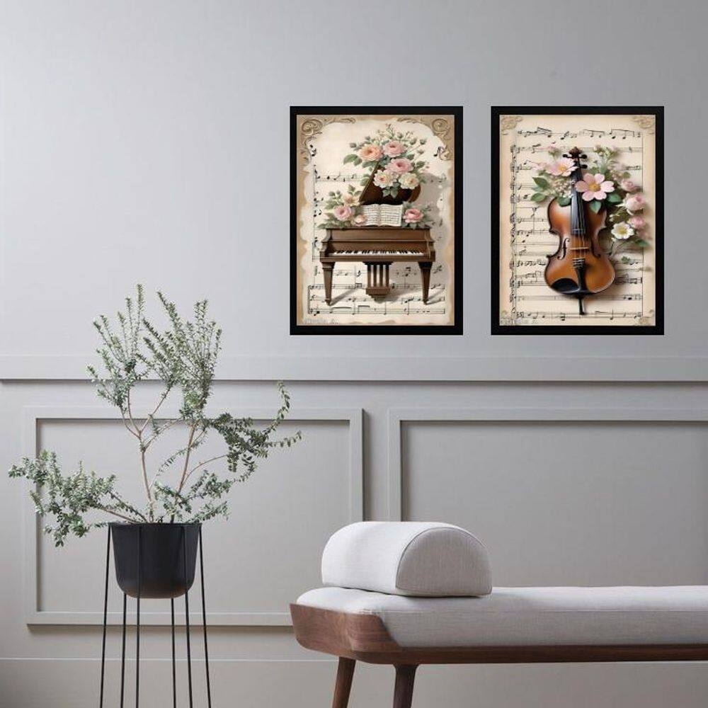 Kit 2 Quadros Vintage Piano E Violino - Flores 45X34Cm Vidro