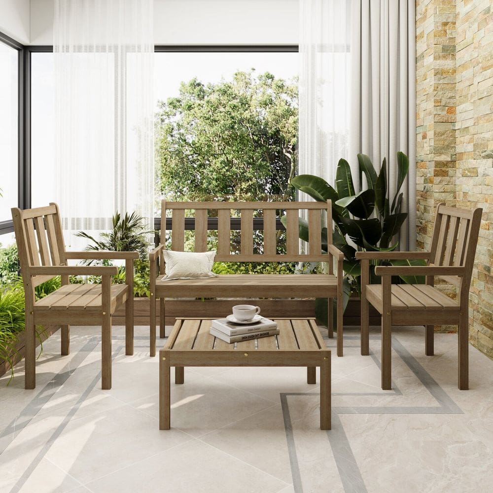 Conjunto para Jardim de Madeira 100% Eucalipto 4 Peças Envelhecido Vegas Cera Envelhecida