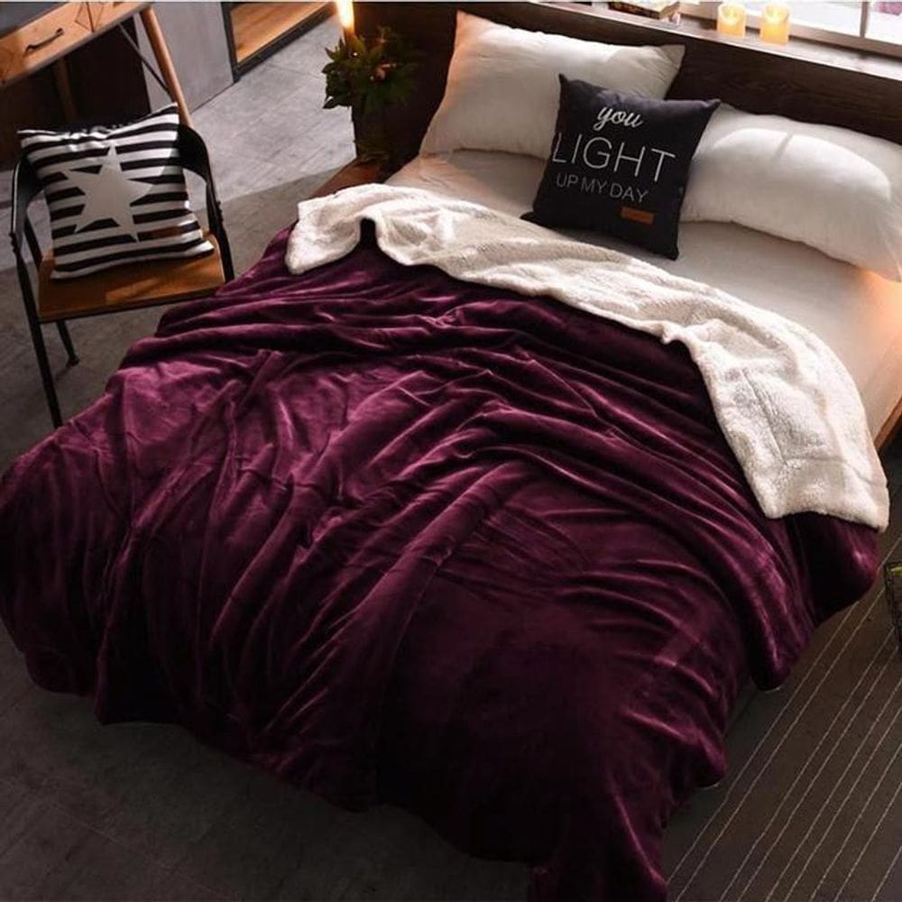 Cobertor Solteiro Veludo Bordô E Pele De Carneiro 160X220