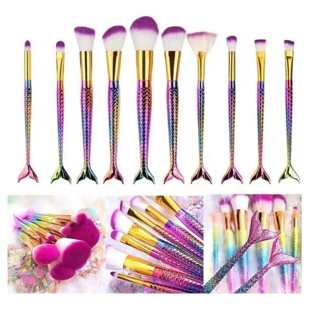 Kit Pinceis Maquiagem Sereia 10 Peças Pincel