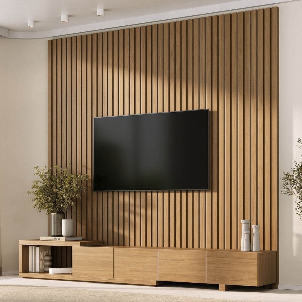 Rack com Painel Ripado para Tv até 86 Polegadas 240x250 Aruá Cabecasa Madeiraooriginals Jatoba