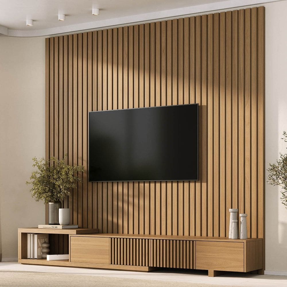 Rack com Painel Ripado para Tv 86 Polegadas 240x230 Aruá Cabecasa Madeiraoriginals Jatoba