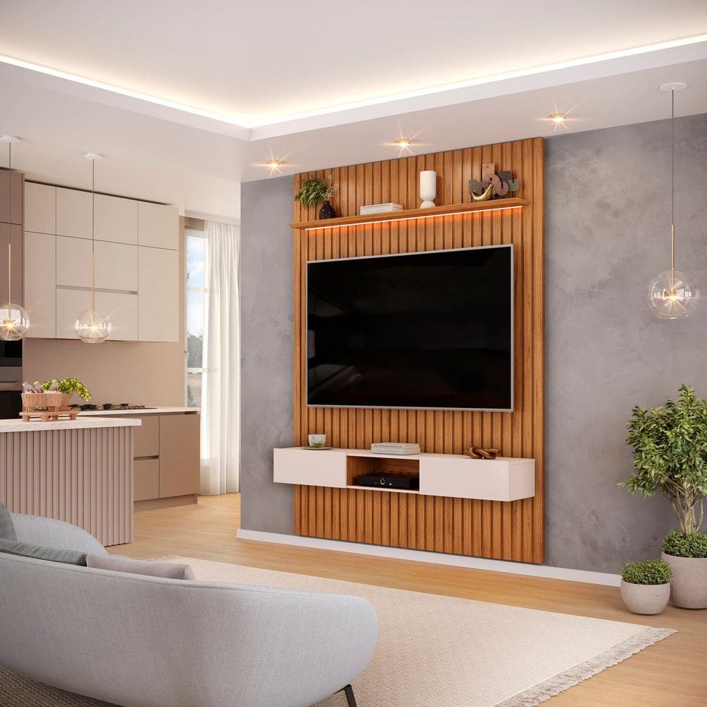 Painel para Tv até 60 Polegadas Ripado com LED 183cm Trento Freijó/Off White