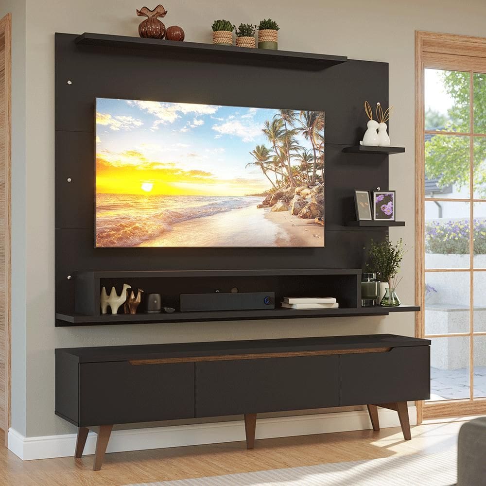 Rack com Painel para TV até 60 Polegadas 180 cm com Pés Preto/Rustic Reims Madesa