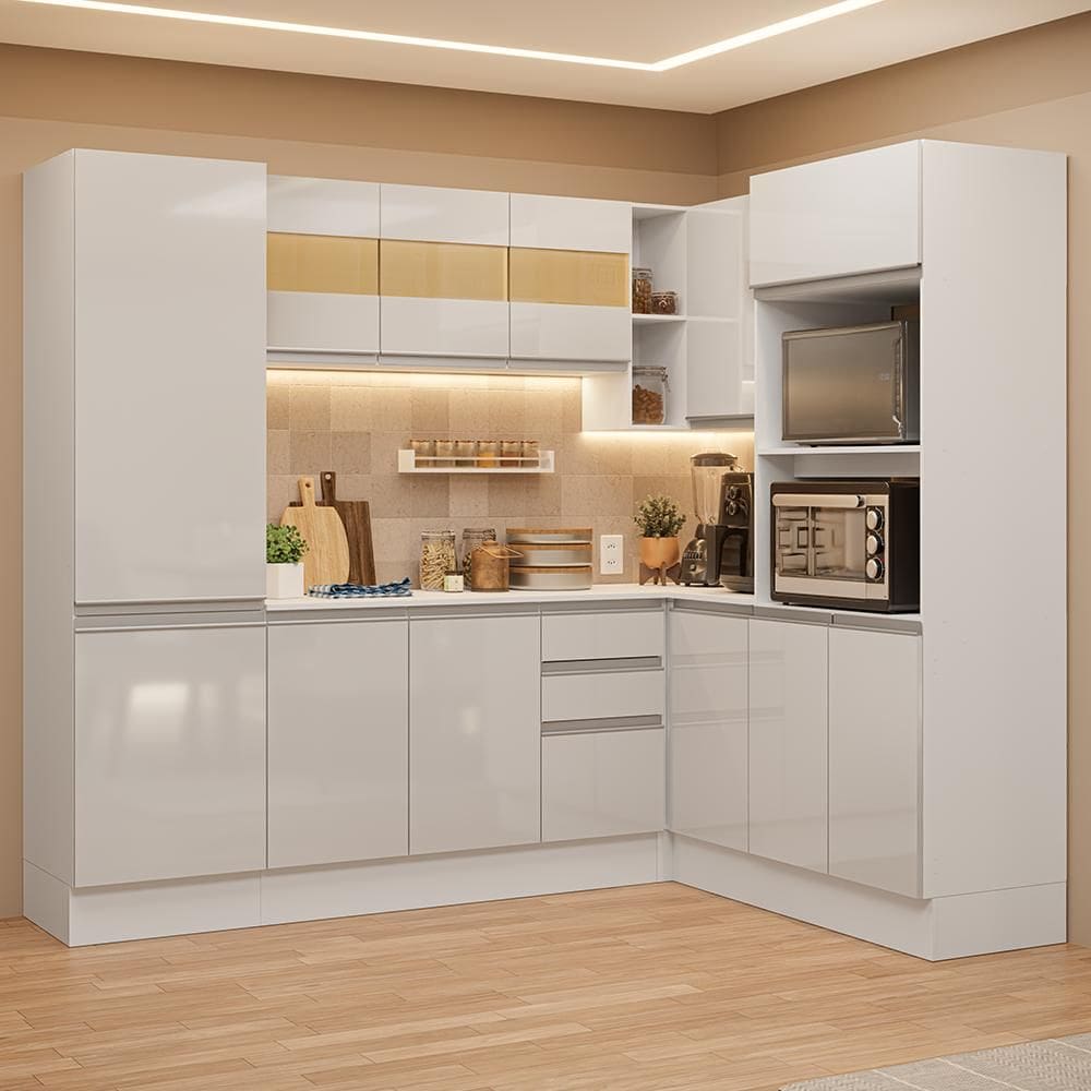 Armário de Cozinha Completa de Canto 100% MDF 377cm Smart Branco Brilhante Madesa 01