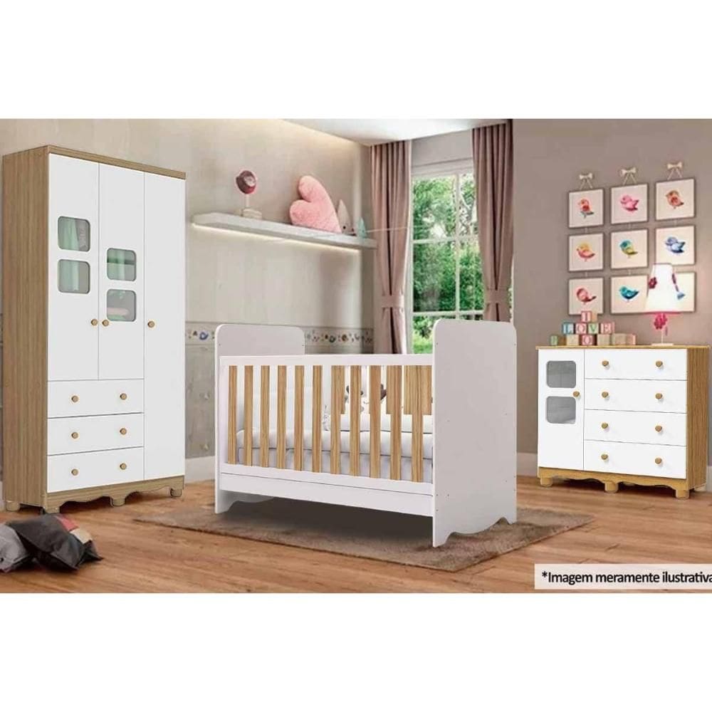 Quarto de Bebê Completo 3 Peças (1GuardaRoupa+1Berço+1Cômoda) QI126 Branco/Amendoa - Peroba