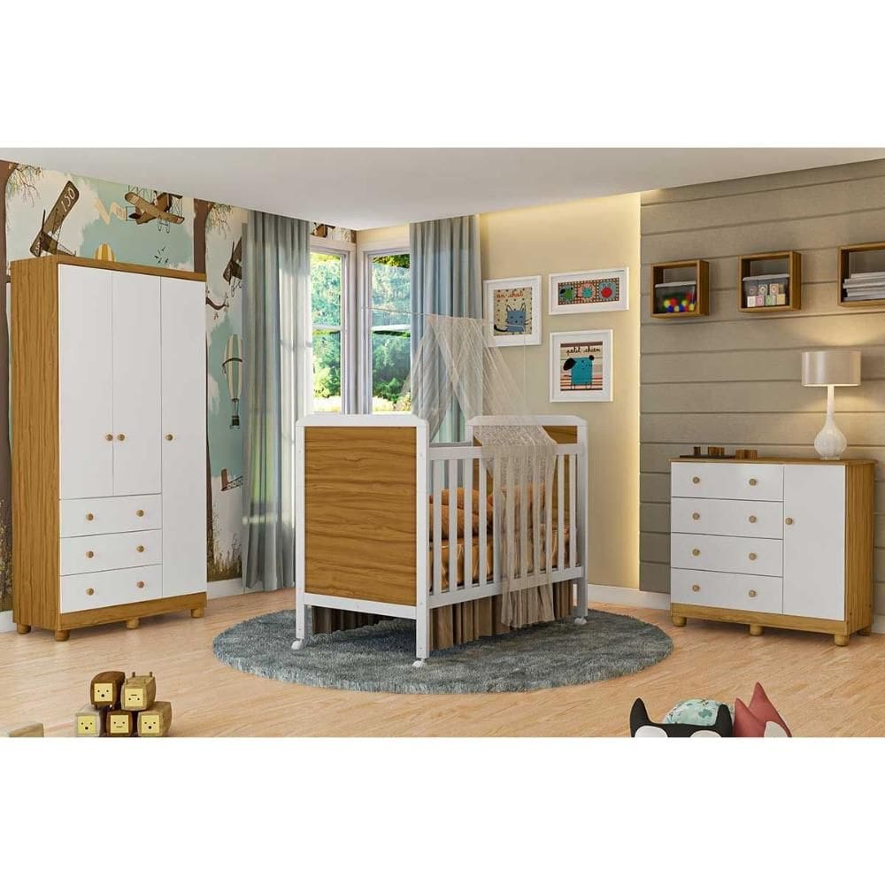 Quarto de Bebê Completo 3 Peças (1GuardaRoupa+1Berço+1Cômoda) QI123 Branco/Amendoa - Peroba