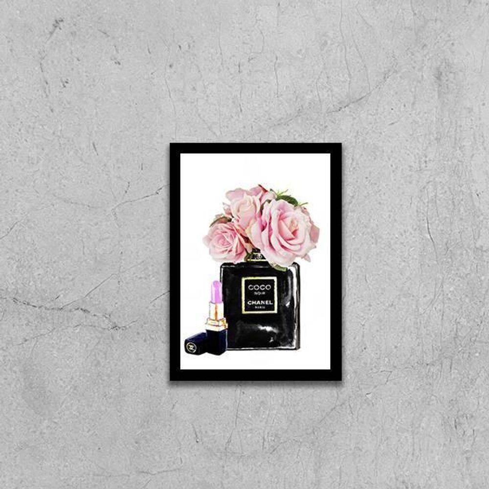 Quadro Decorativo Com Flores E Batom 45X34Cm Com Vidro Preta