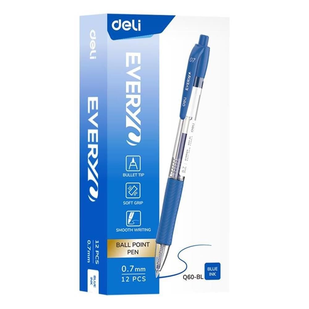 Caneta Esferográfica Deli Retrátil 0,7mm Azul - Embalagem com 12 Unidades