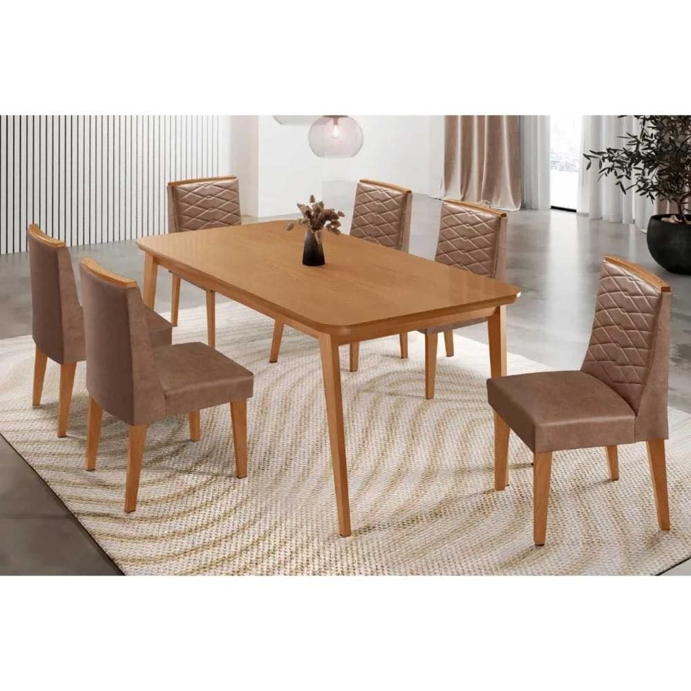 Conjunto: Mesa Sala Jantar Havana Curvo 180cm + 6 Cadeiras Maldivas Naturale - Corano Capuccino - Rufato