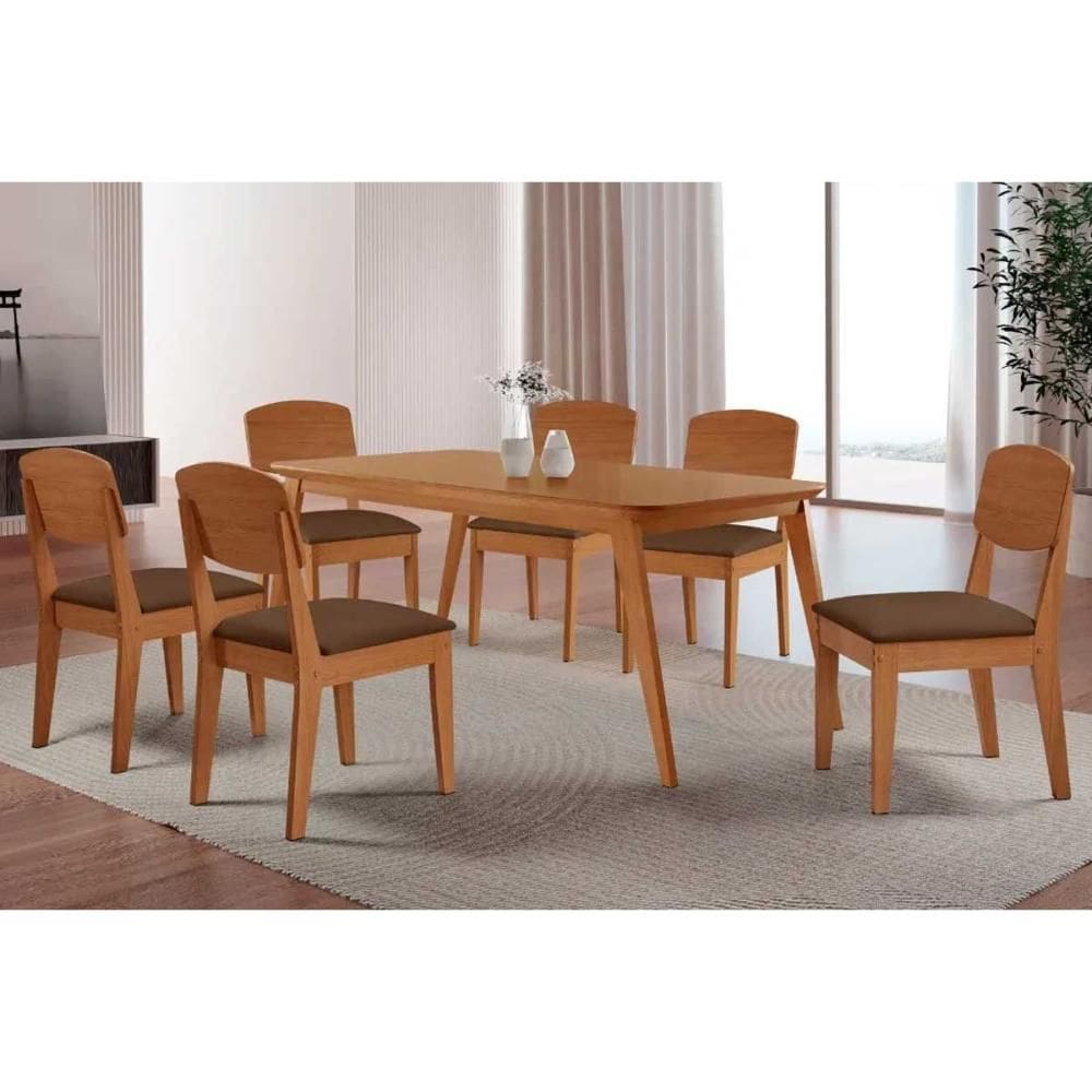 Conjunto: Mesa Sala Jantar Havana Curvo 180cm + 6 Cadeiras Havana Naturale - Suede Marrom - Rufato