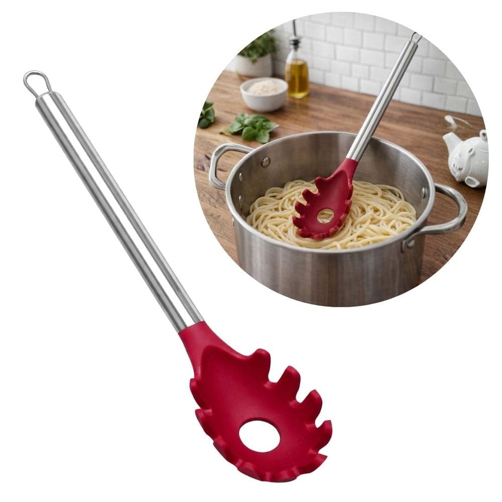 Colher Pegador de Macarrão Silicone Bordô Premium Cabo Inox Elite 33cm - Tuut
