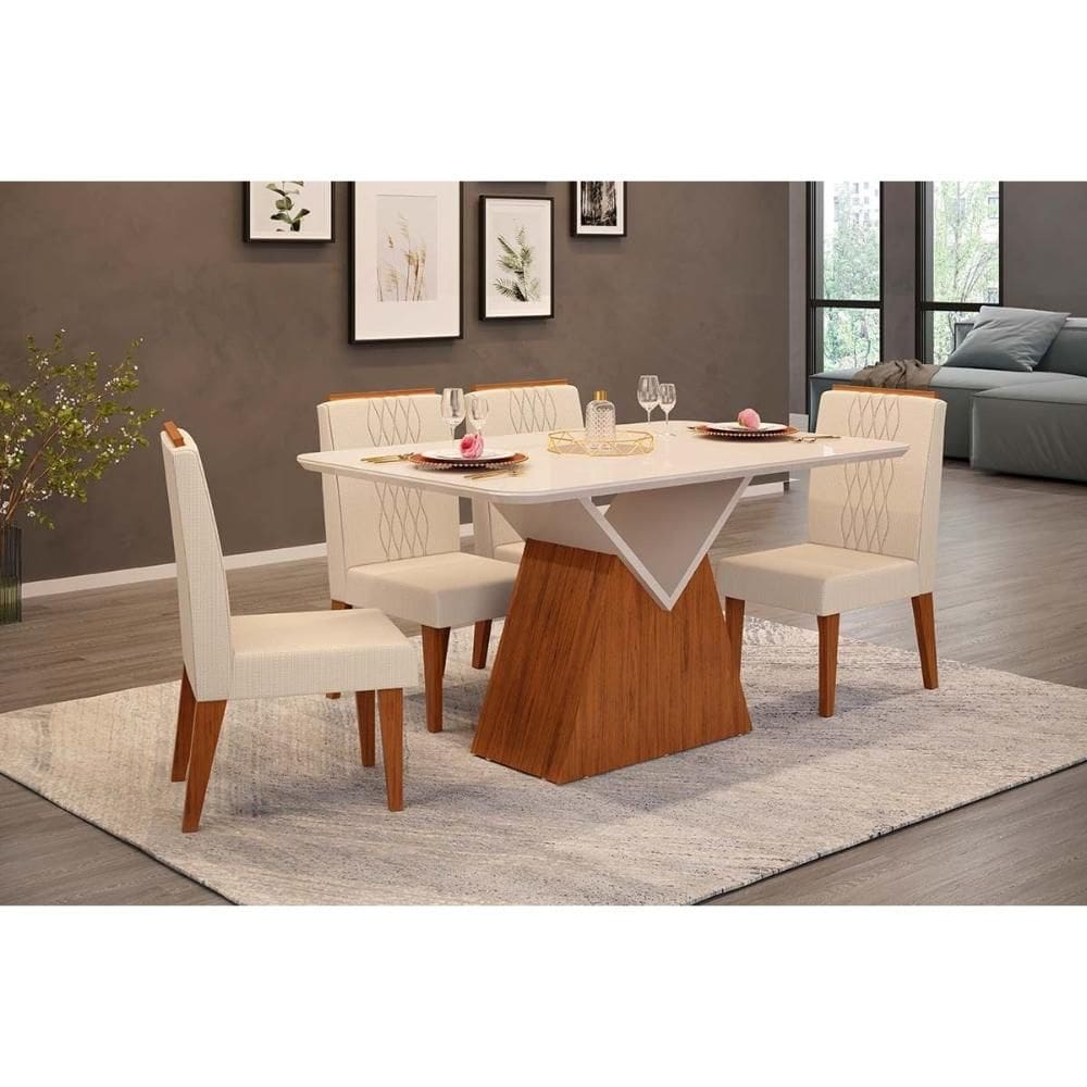 Conjunto: Mesa de Cozinha Argo c/ Tampo Madeirado c/ Vidro Curvo 136x90cm e 4 Cadeiras Lia Freijo/Off White - Linho Neve - DJ Móveis