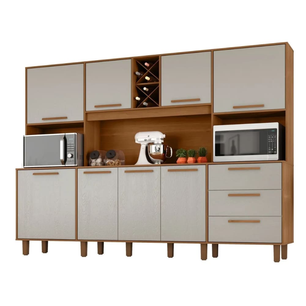 Armário De Cozinha Completa Com Adega 8 Portas 3 Gavetas Apollo Madeirado / Areia Zanzini