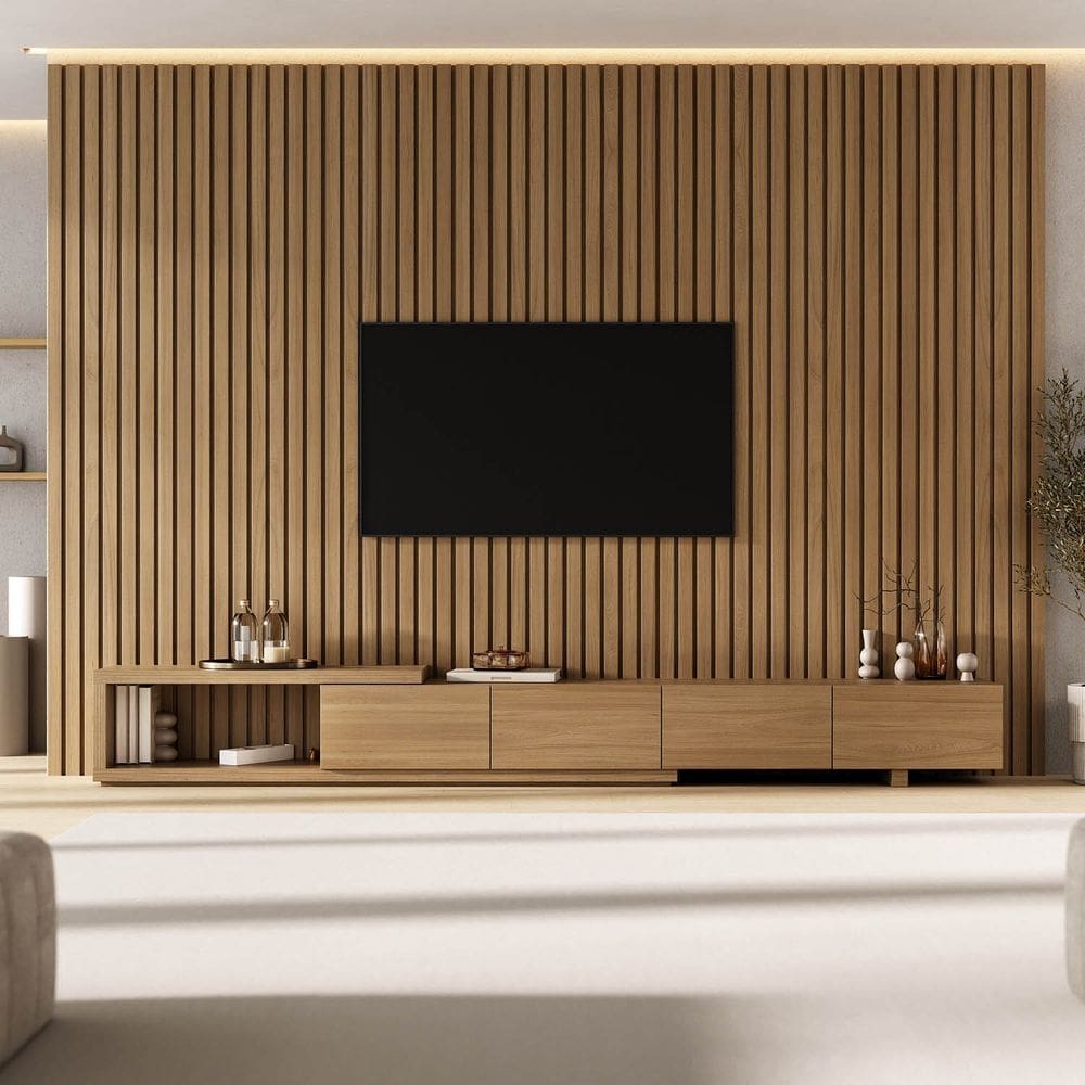 Rack com Painel Ripado para Tv 86 Polegadas 320x250cm Aruá Cabecasa Madeiraoriginals Jatoba