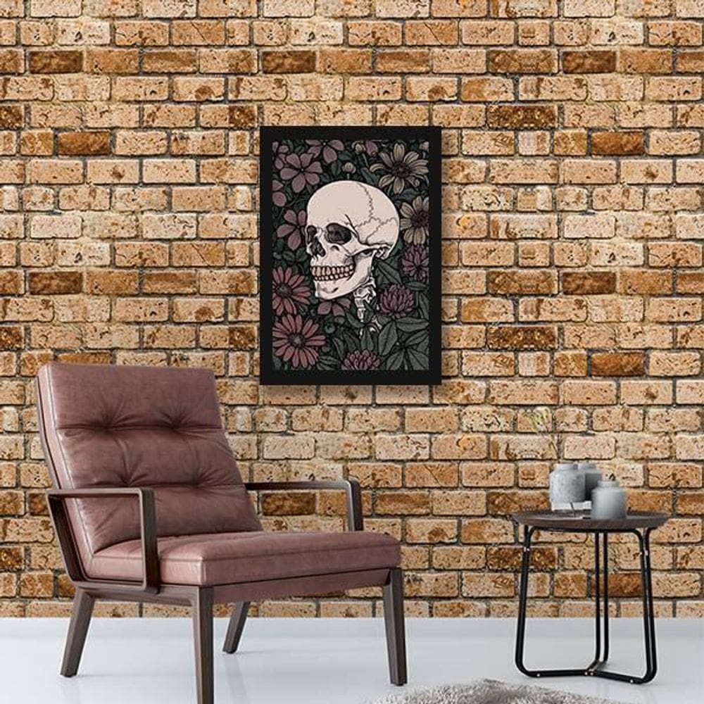 Quadro Caveira Com Fundo Floral 33X24 C/Vidro Madeira Preta