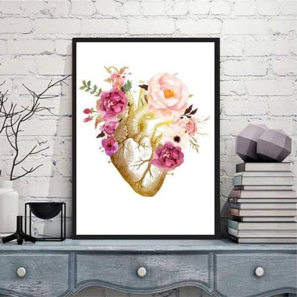 Quadro Decorativo Coração Florido 24X18Cm Moldura Preta