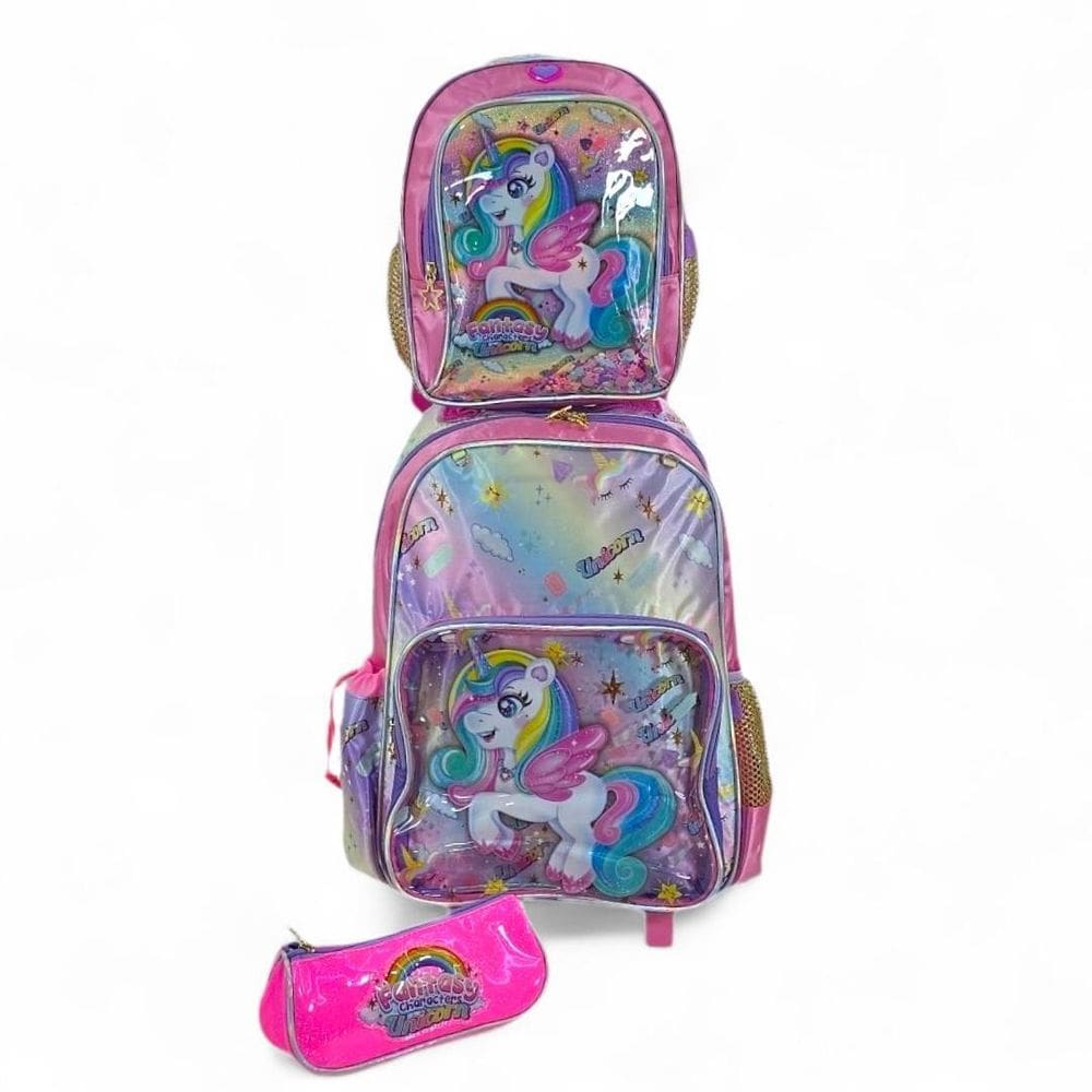 Kit Mochila Rodinha Lancheira Bolsinha Unicornio Rosa/Lilaz