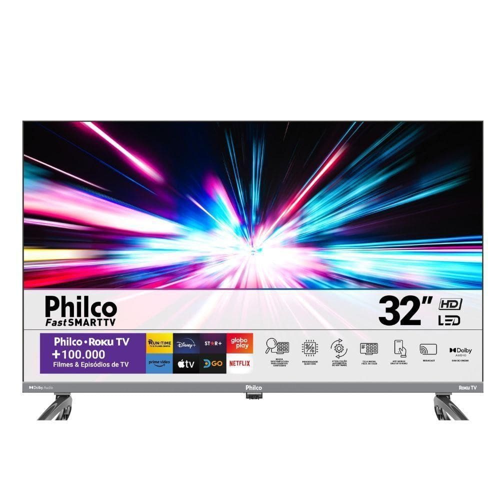 TV 32 Philco Smart Led Roku Dolby Audio PTV32K34RKGB Cinza Bivolt