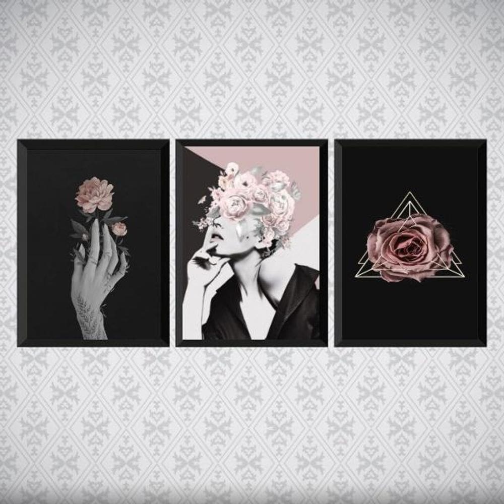 Kit 3 Quadros Para Quarto Mulher E Rosas 33X24Cm