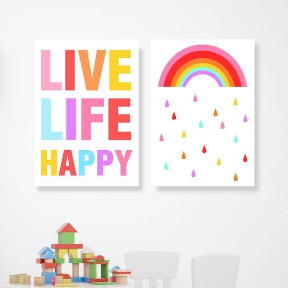 Kit 2 Quadros Live Life Happy 60X40Cm Moldura Branca