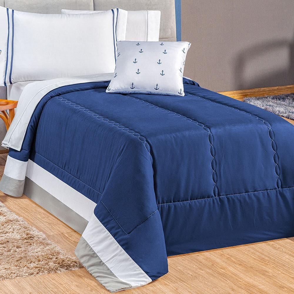 Kit Edredom Kid Âncora Solteiro 4Pçs Azul Marinho
