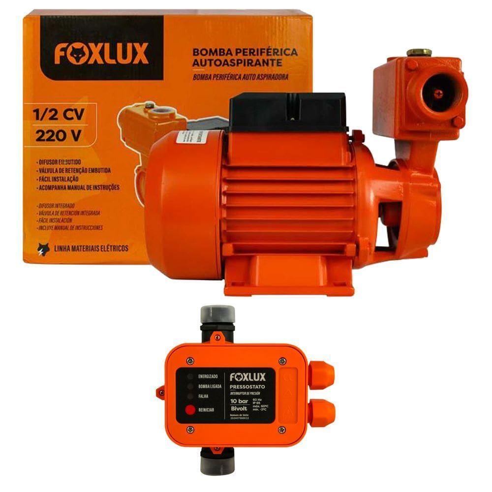 Kit Bomba Periférica Autoaspirante 1-2cv 220V + Pressostato Foxlux