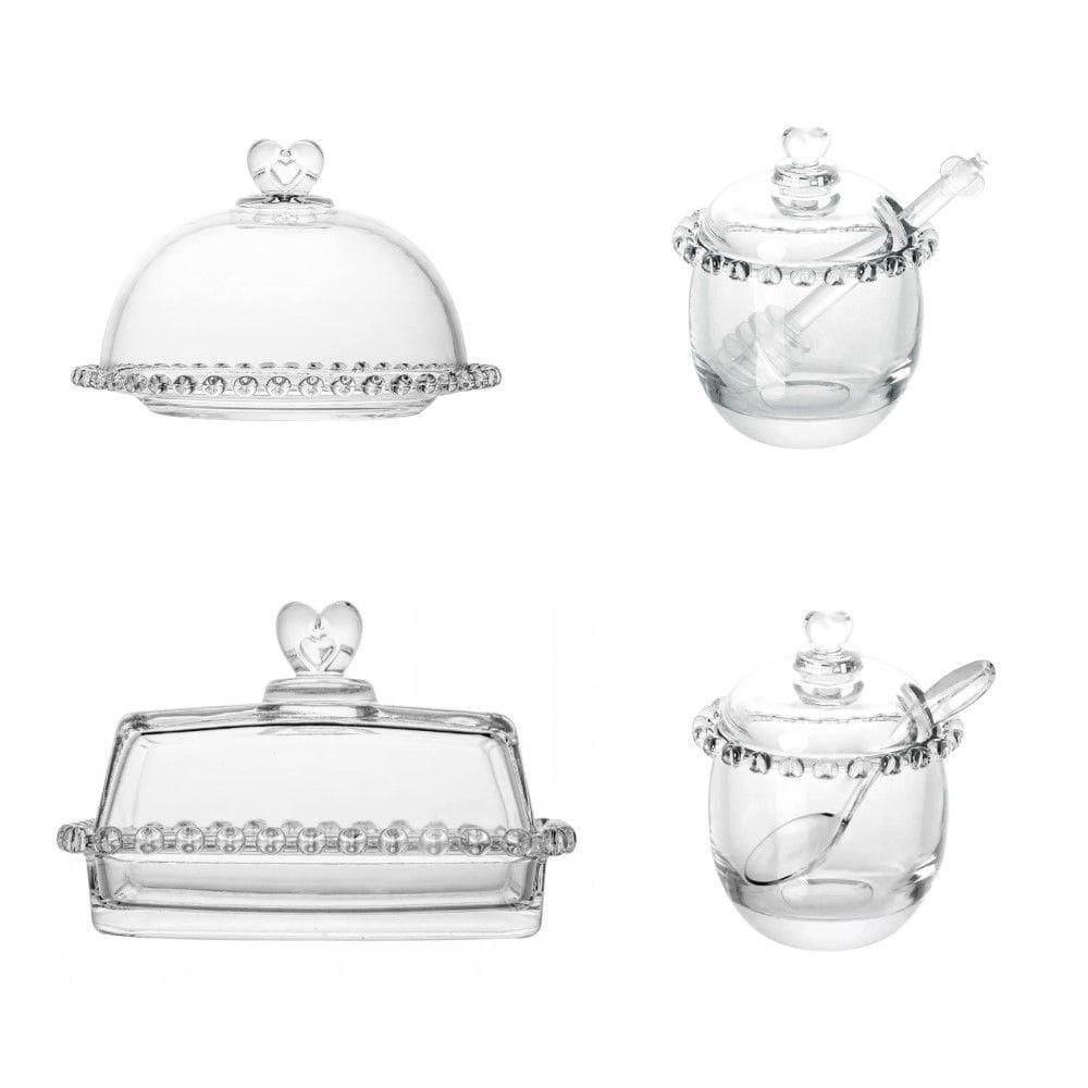 Kit Queijeira + Manteigueira + Meleira + Açucareiro De Cristal Coração Lyor