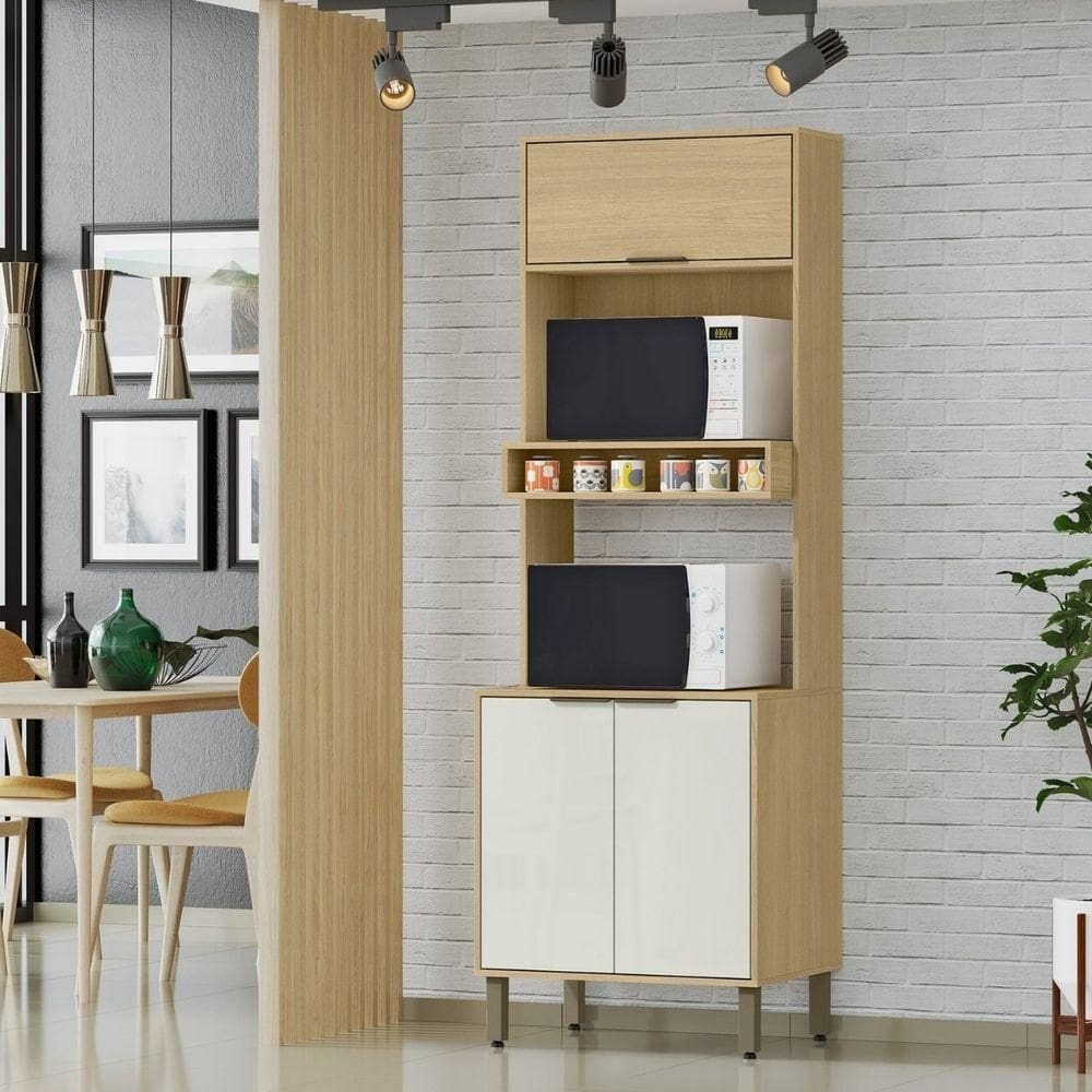 Armário Paneleiro De Cozinha E Torre Quente 2 Fornos - Glória Castanho-off White