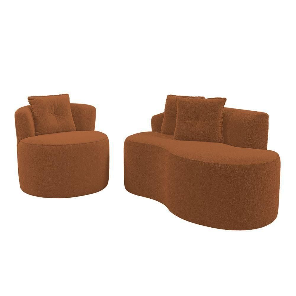 Kit Sofá E Poltrona Orgânica Living Bob Com Almofadas Bouclê Terracota - Desk Design