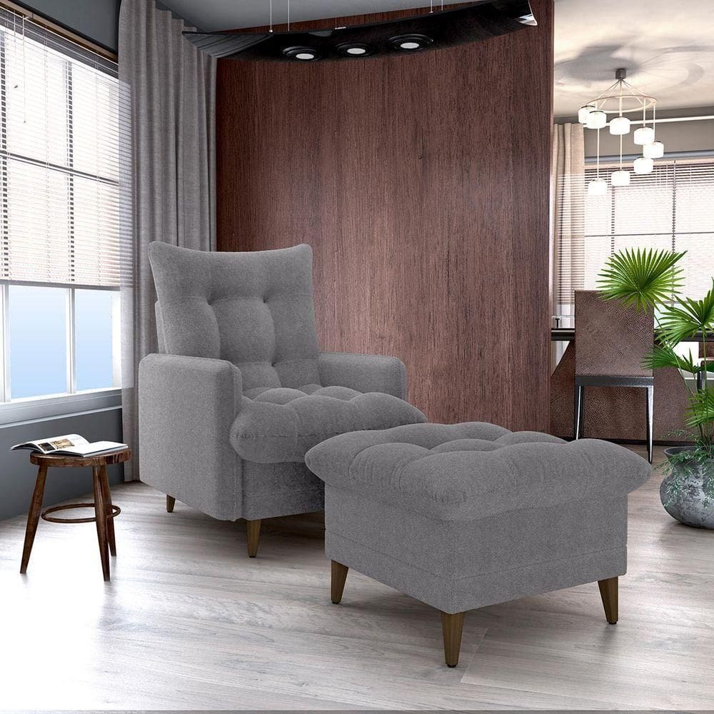 Conjunto P/ Sala Montreal 1 Poltrona Decorativas E 1 Puff Bouclê Cinza - Matrix