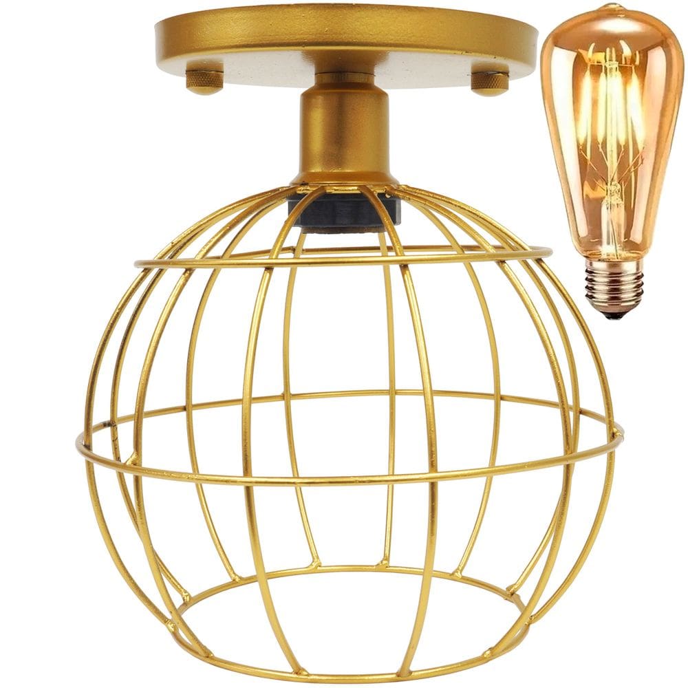 Lustre Teto Plafon + Lâmpada Led St64 Industrial Aramado Globo Retrô Luminária Vintage Dourado