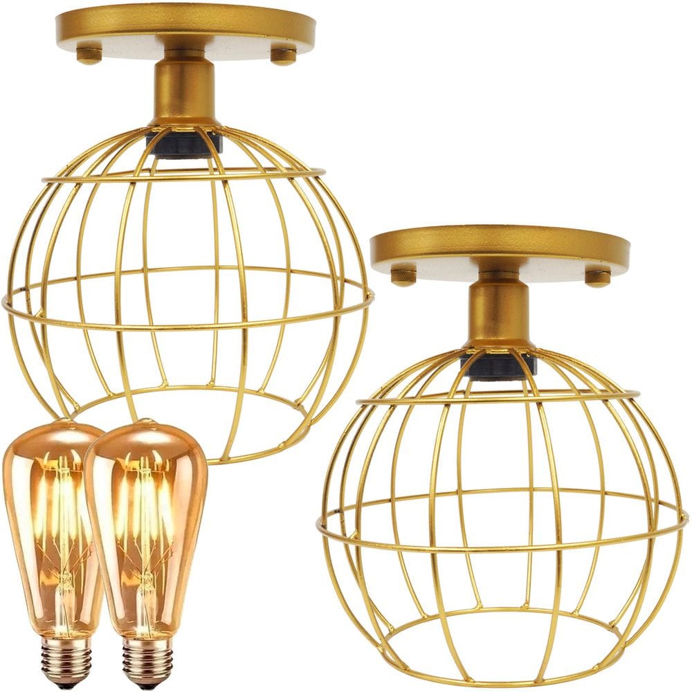 2 Lustres Teto Plafon + 2 Lâmpadas Led St64 Industrial Aramado Globo Retrô Vintage Dourado