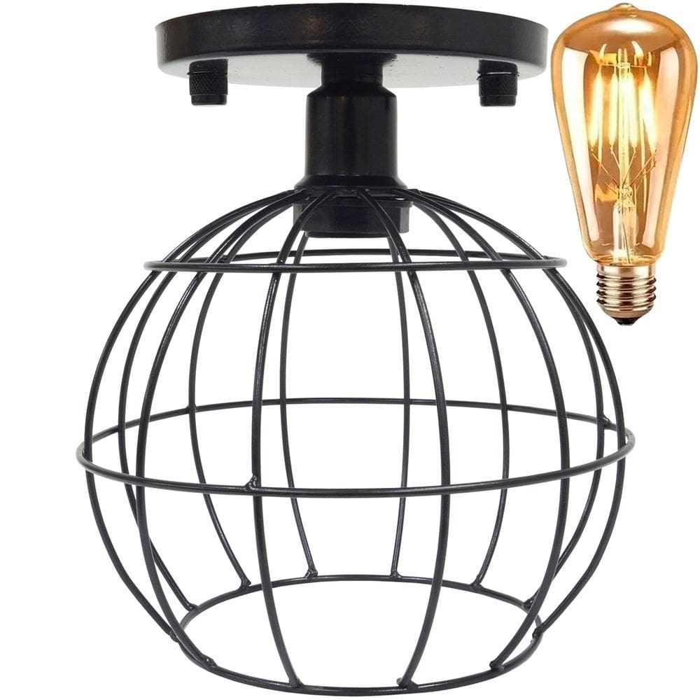Lustre Teto Plafon + Lâmpada Led St64 Industrial Aramado Globo Retrô Luminária Vintage Preto