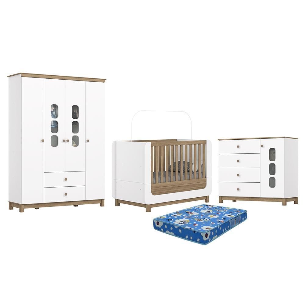 Dormitório Aconchego Guarda Roupa, Cômoda e Berço com Colchão Physical - Móveis Henn