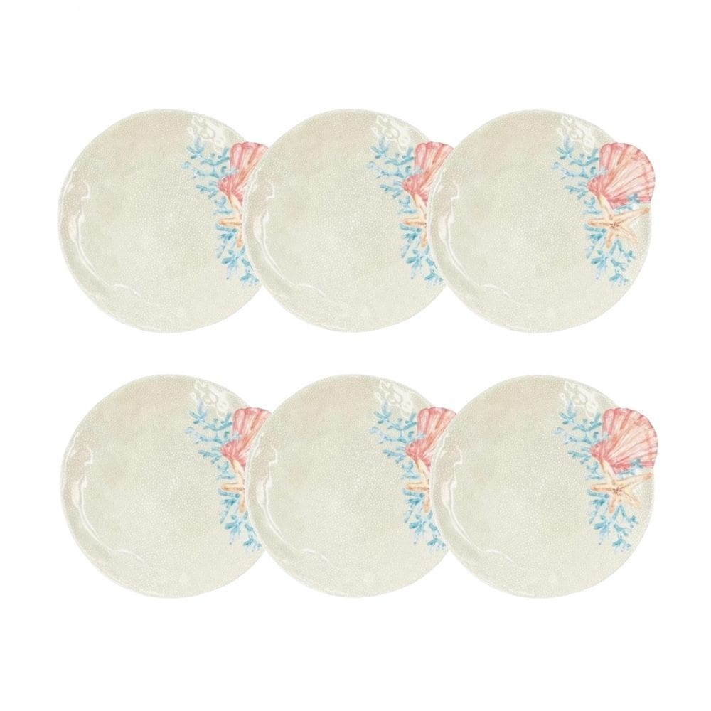 Cj 6 Pratos Rasos de Melamina Bege C/Desenho Marinho Concha do Mar Rosé 29,5cm Entrecasa