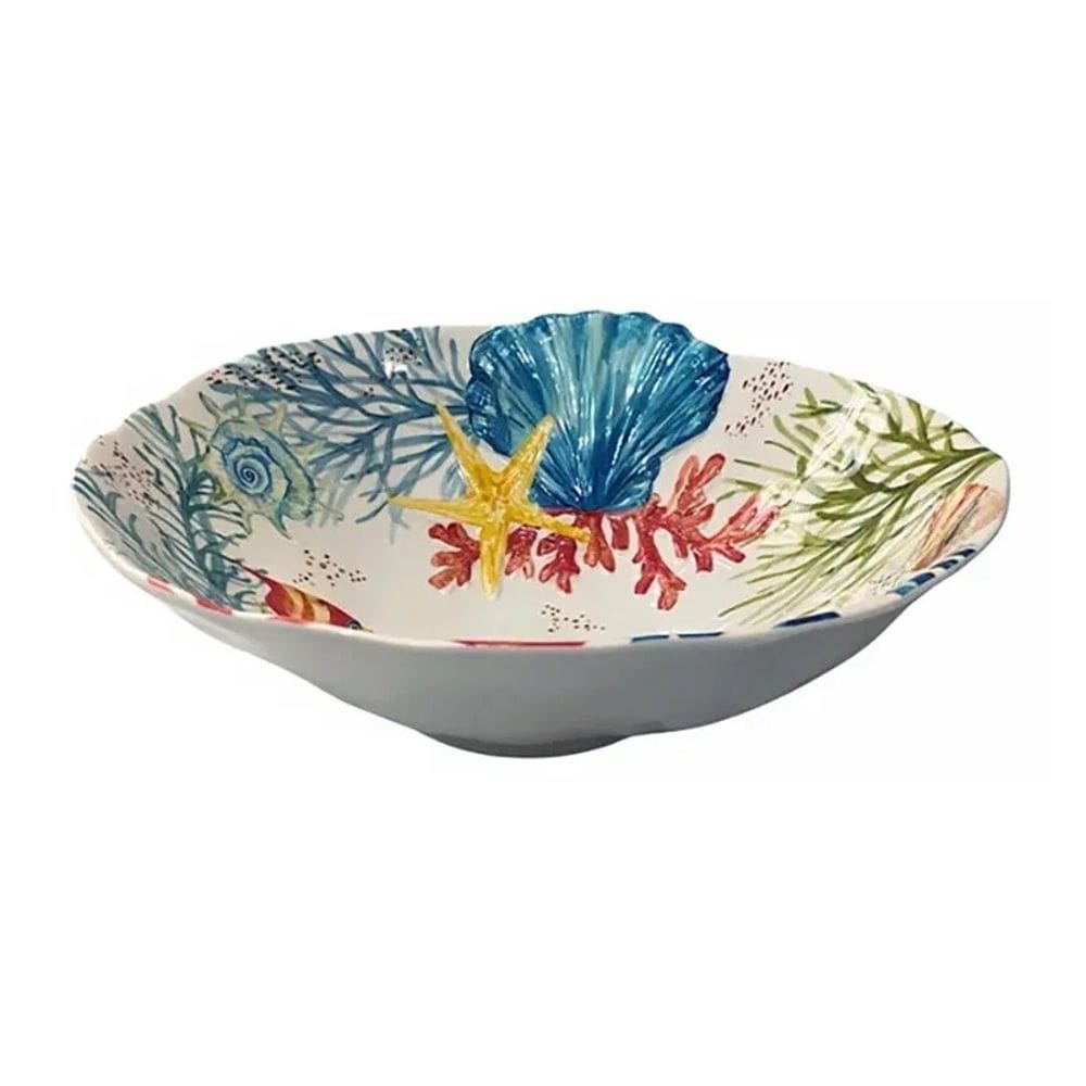 Bowl Saladeira de Melamina Branco C/Estampa Marinho Concha do Mar Azul 3,3 Litros 30,5x10,5cm Entrecasa