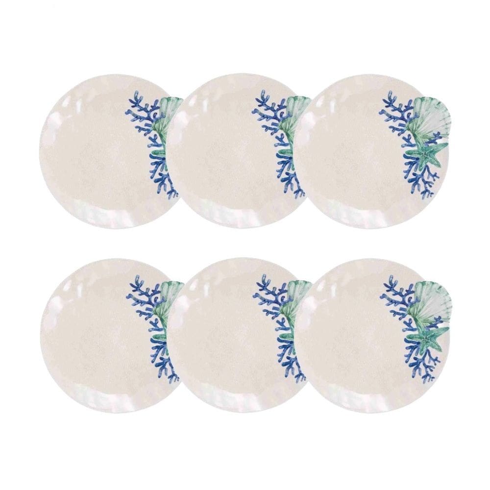 Cj 6 Pratos Rasos de Melamina Bege C/Desenho Marinho Concha do Mar Azul 29,5cm Entrecasa