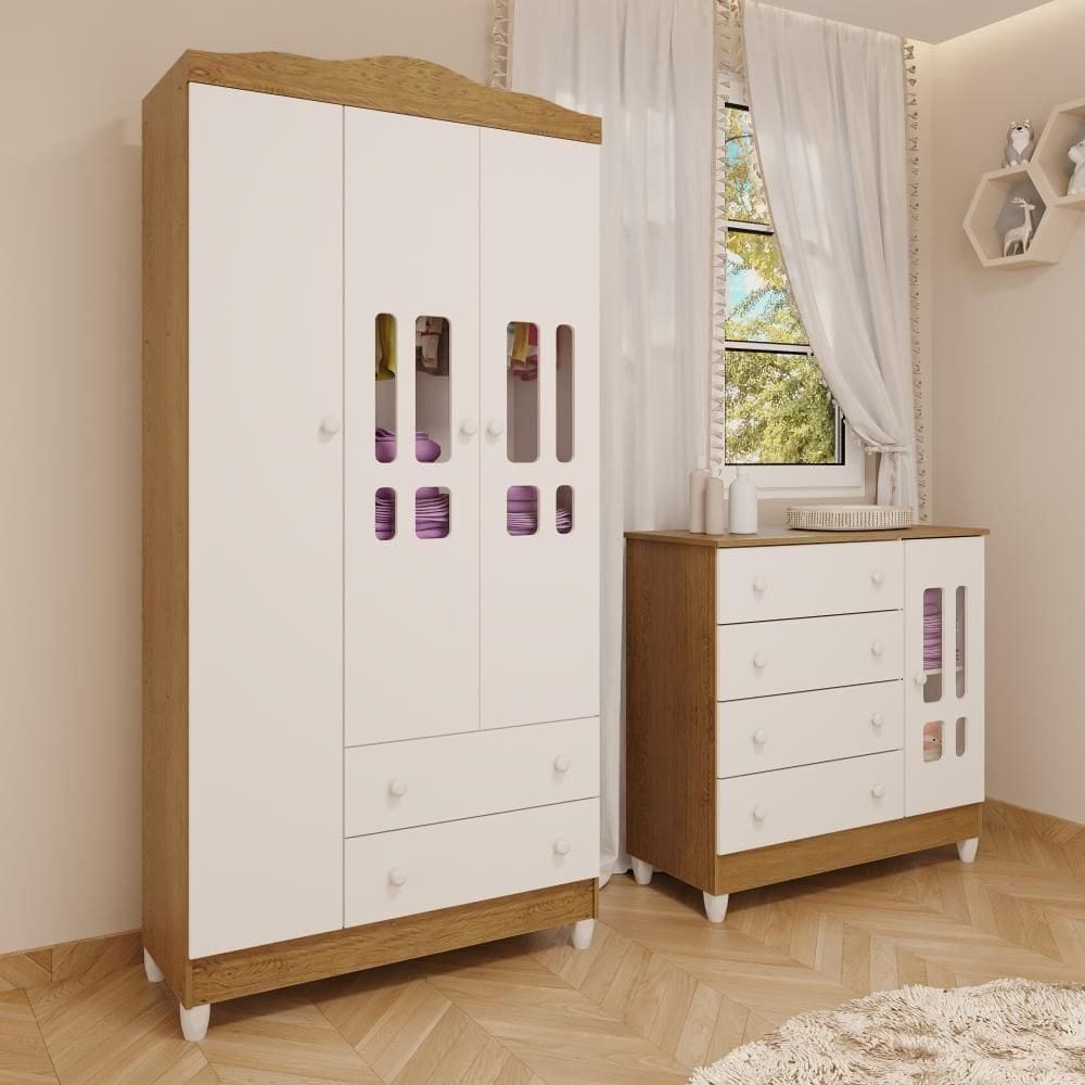 Quarto De Bebê Cômoda Com Fraldário Guarda Roupa 3 Portas Branco Com Bétula Carolina Baby