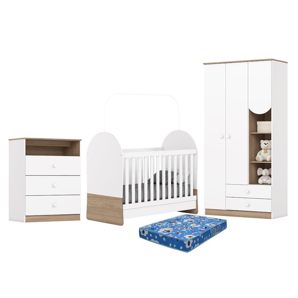 Dormitório Infantil Magia Guarda Roupa, Cômoda e Berço com Colchão Baby Physical - Móveis Henn