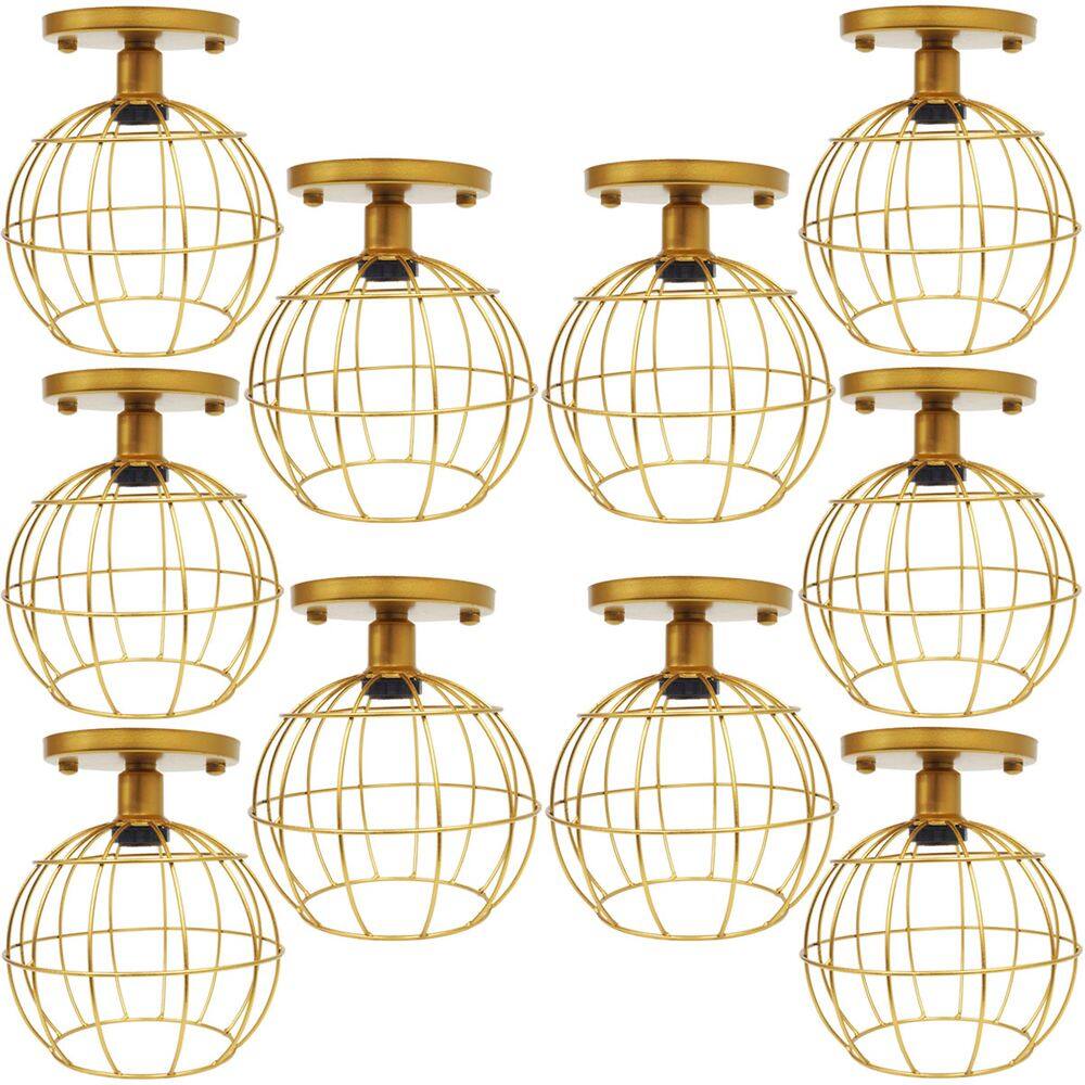 10 Lustres Teto Plafon Industrial Aramado Globo Retrô Luminária Sobrepor Vintage Dourado AgpIlumini
