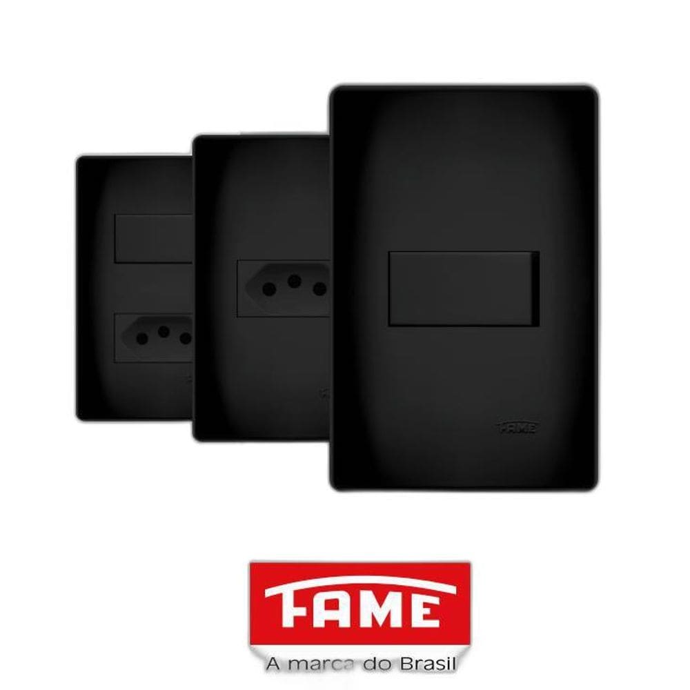Tomada Tripla 2P+T 10A Fame Placa 4X2 Habitat Black Preto