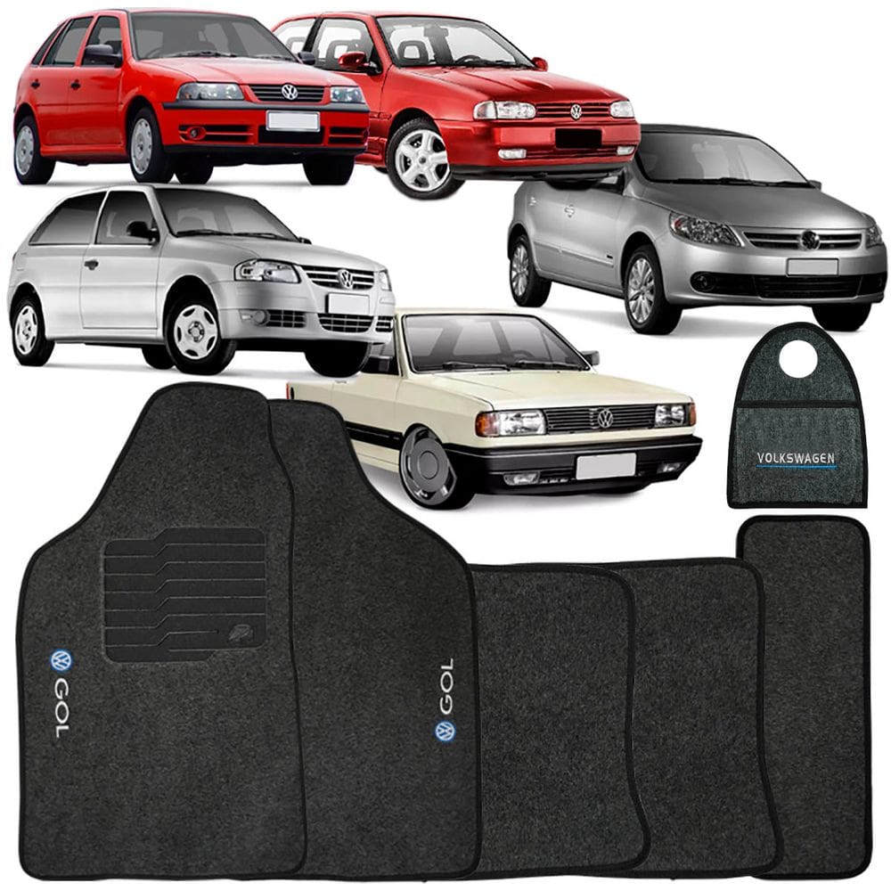 Jogo Tapete Automotivo Carpete + Lixeira Gol Quadrado G2 G3 G4 G5 80/13 Soft Logo Grafite 6 Peças
