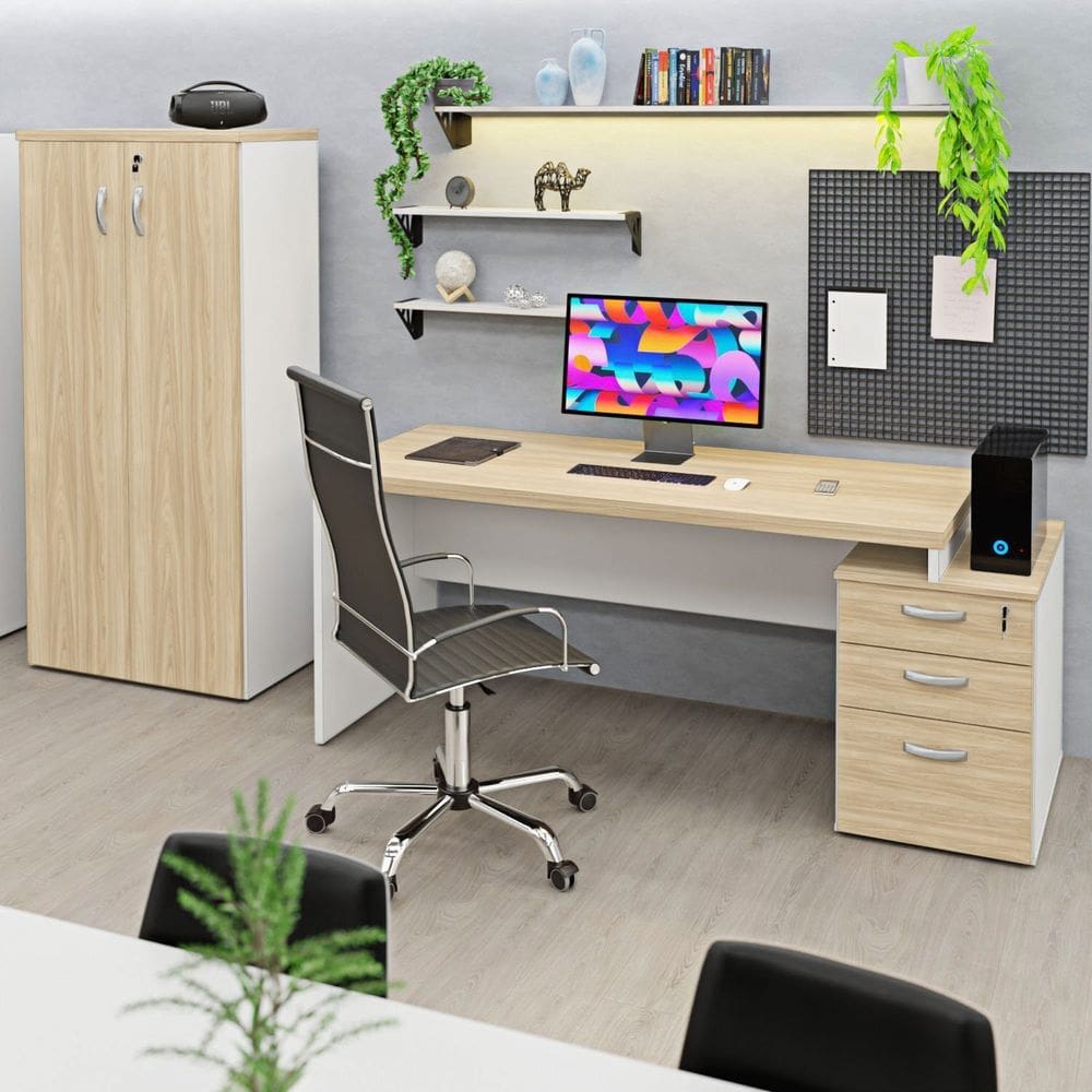 Conjunto Mesa Pedestal e Armário Alto para Escritório Dubai/Branco