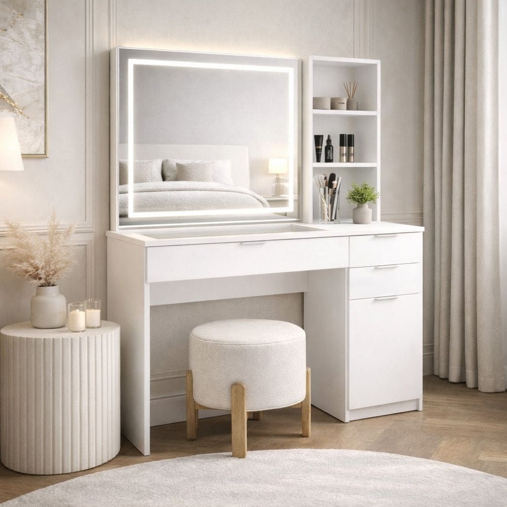 Penteadeira com Led 3 Gavetas 1 Porta e Nichos Bella Branco