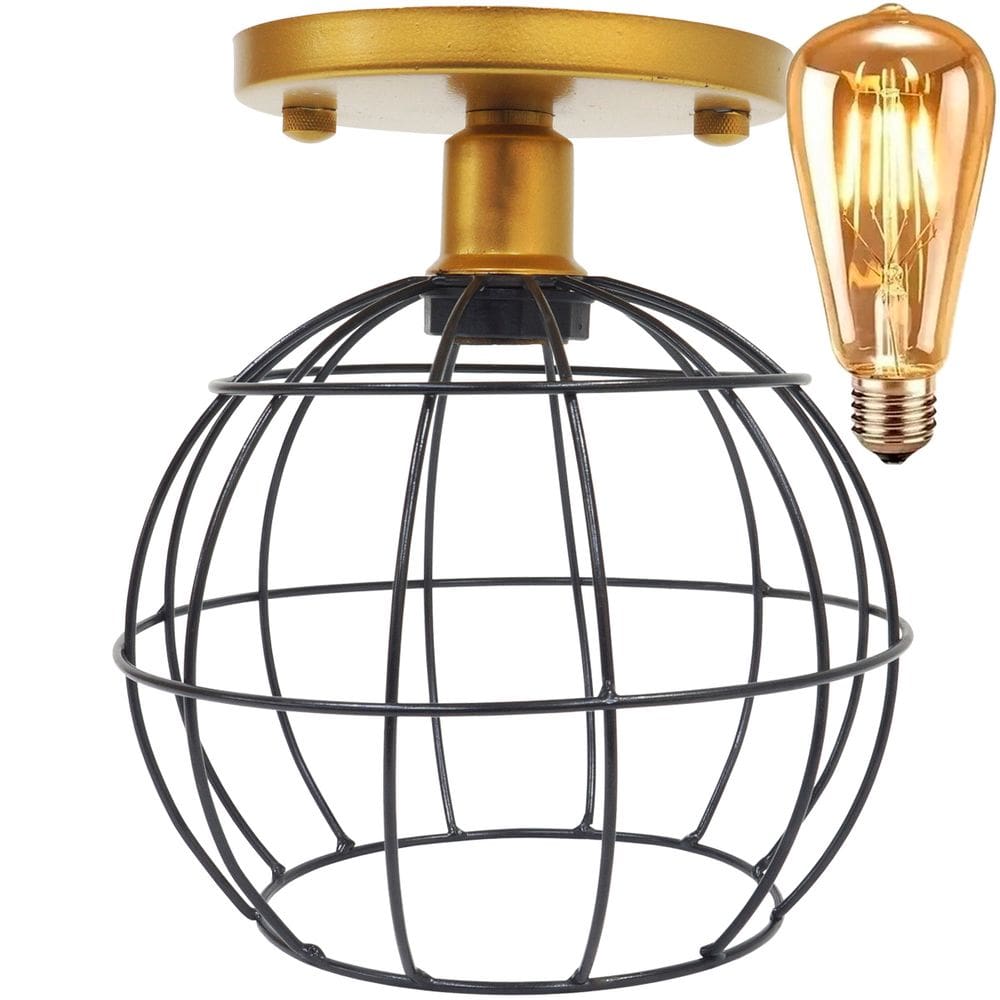 Lustre Teto Plafon + Lâmpada Led Industrial Aramado Globo Preto Retrô Luminária Vintage Dourado