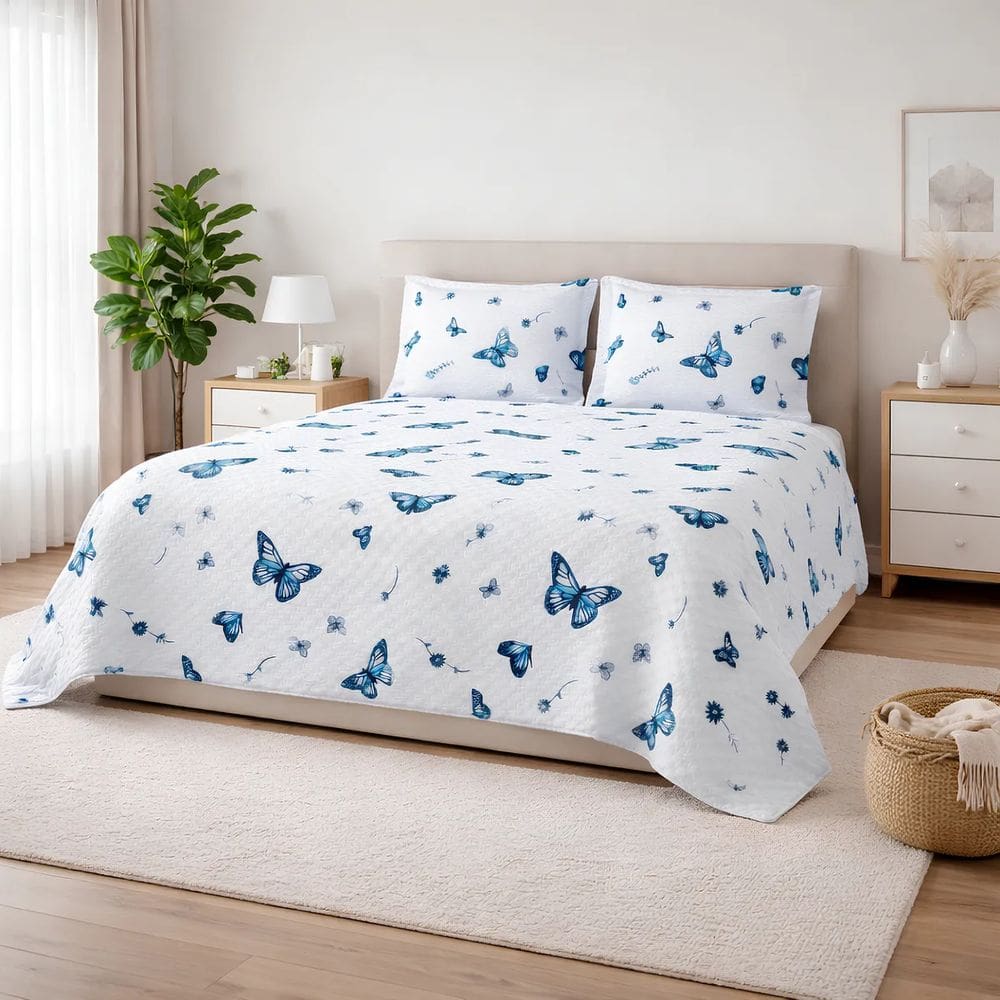 Cobre Leito Solteiro 2 Peças 100% Algodão 200 Fios Borboletas Azuis