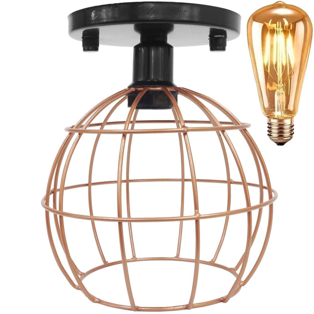 Lustre Teto Plafon + Lâmpada Led Industrial Aramado Globo Cobre Rose Gold Retrô Luminária Preto