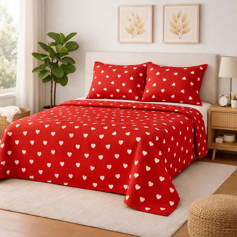 Cobre Leito Solteiro 2 Peças 100% Algodão 200 Fios Corações Vermelho